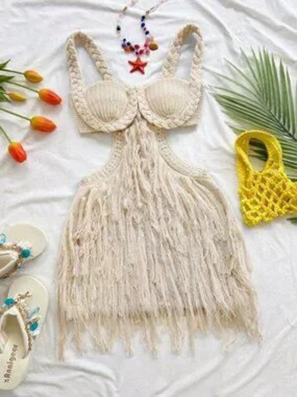 ZARA Apricot Sexy Spaghetti Strap Crochet Bustier Bodycon Mini Women's Dress